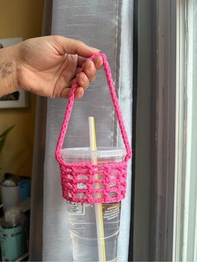 Handmade Pink Crochet Cup Holder with Strap